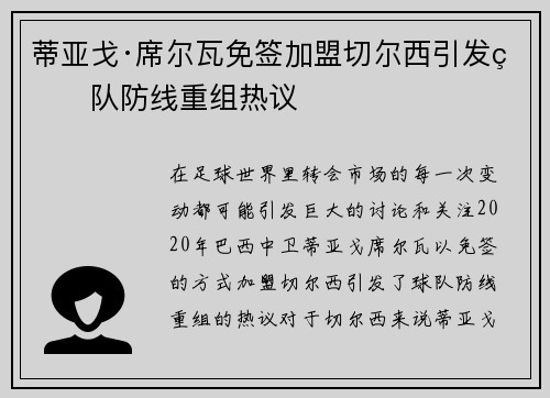 蒂亚戈·席尔瓦免签加盟切尔西引发球队防线重组热议 蒂亚戈·席尔瓦免签加盟切尔西引发球队防线重组热议