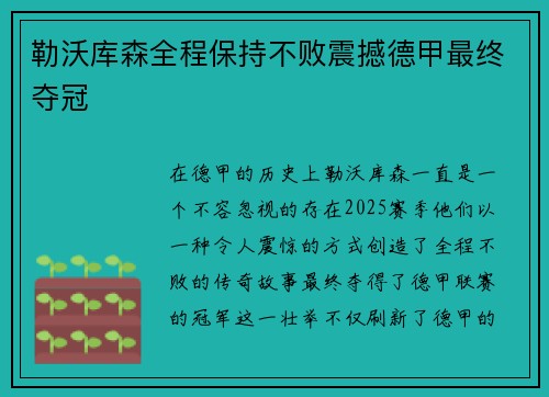 勒沃库森全程保持不败震撼德甲最终夺冠